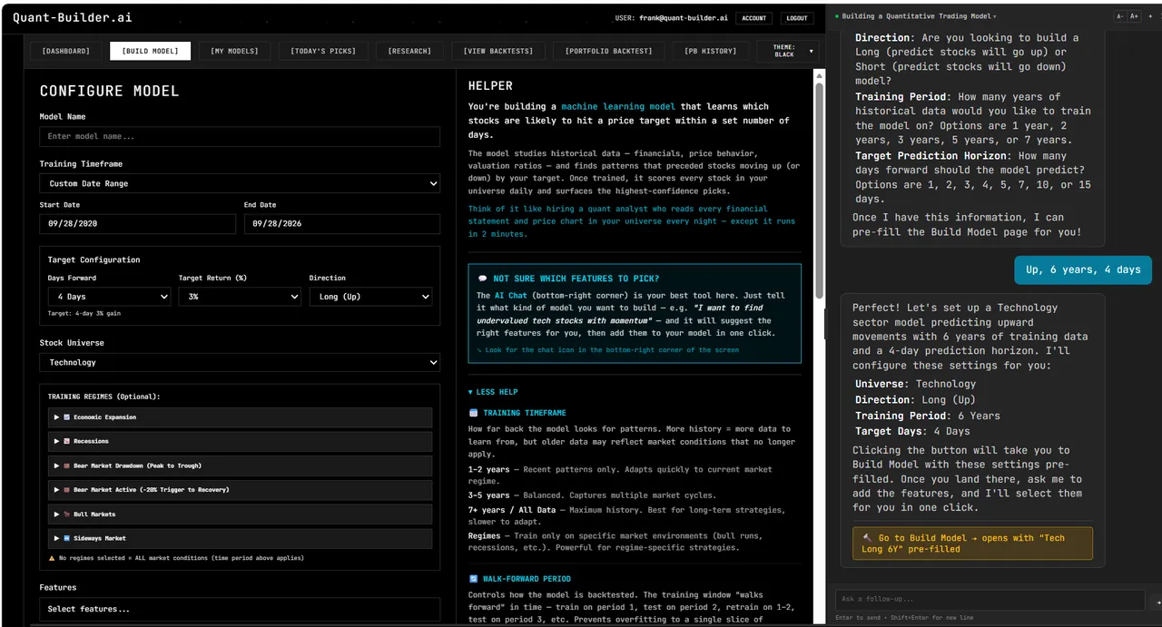 Quant-Builder.ai chat: starting a model by picking universe, direction, training window, and target horizon, no code