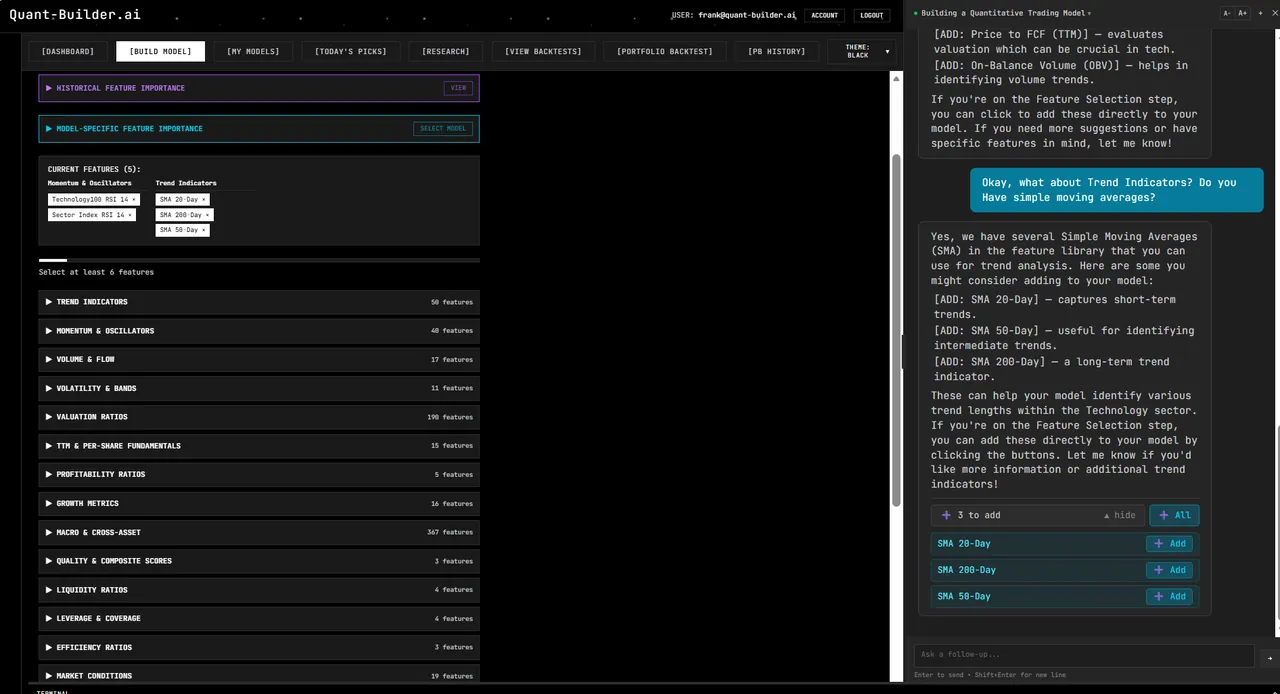 Quant-Builder.ai chat adding simple moving average features to a model from the feature library