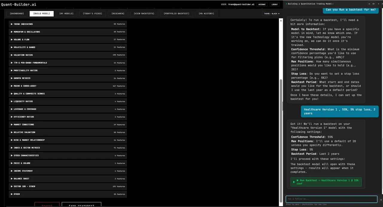 Quant-Builder.ai chat running a Healthcare Version 1 backtest at 55 percent confidence and a 5 percent stop